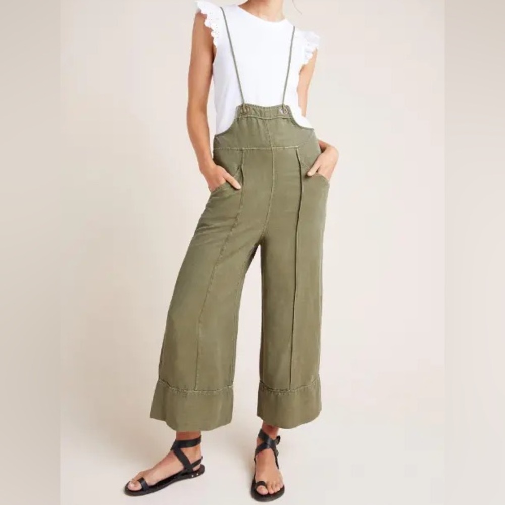 Anthropologie || Cropped Olive Wide Leg Overalls